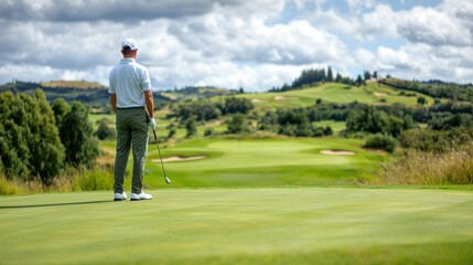 A man is standing on a golf course, holding a golf club