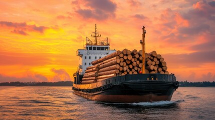 Fototapeta premium A large ship is carrying logs on its deck