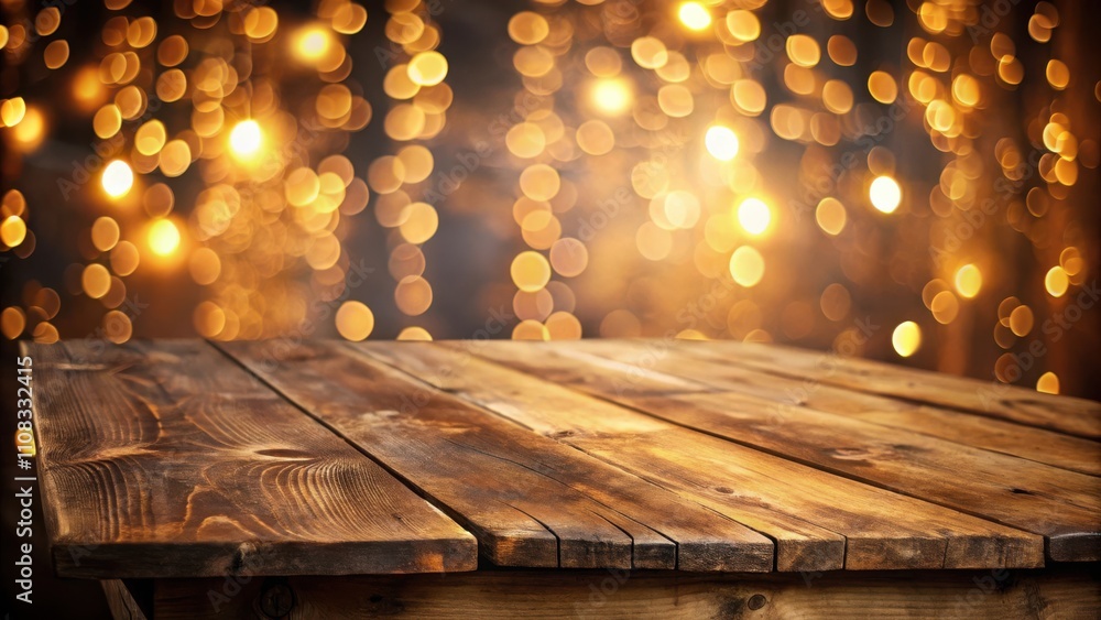 Poster Rustic wooden table with warm golden bokeh background, perfect for showcasing products or creating a festive atmosphere.