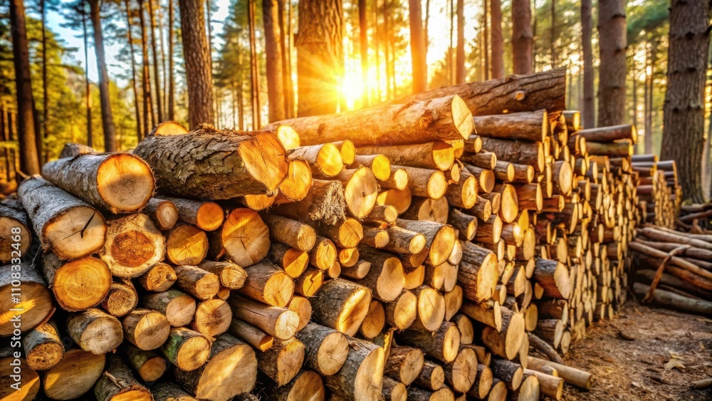 Poster a stack of cut logs bathed in the golden light of the setting sun in a forest