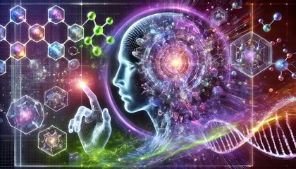 An abstract illustration representing futuristic technology and artificial intelligence, featuring glowing circuits, holographic elements, and vibrant gradients in blue, gold, and silver tones. A seam