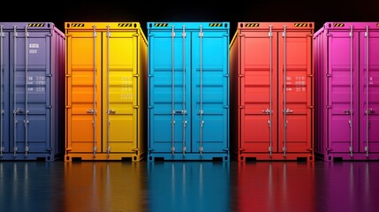 A row of colorful shipping containers are lined up