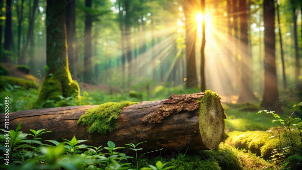 Poster Sunbeams illuminate a fallen log covered in moss, creating a serene and enchanting scene in a lush, green forest.