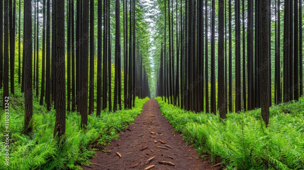 Poster a path through a forest with trees on both sides