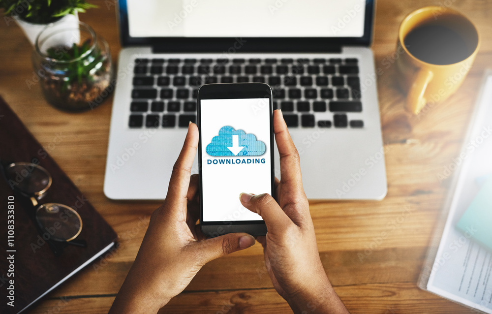 Aufkleber network, hands and phone screen as download in cloud computing, communication or update. person, mob