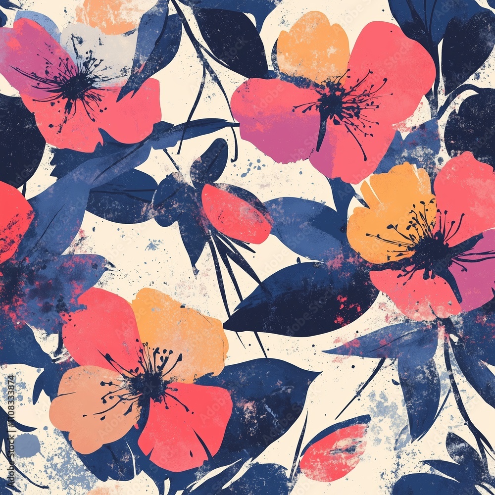 Poster vibrant floral pattern with bold colors and intricate details on a light background perfect for vari