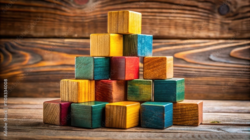 Poster a pyramid of colorful wooden blocks, meticulously arranged on a rustic wooden surface, showcasing a 
