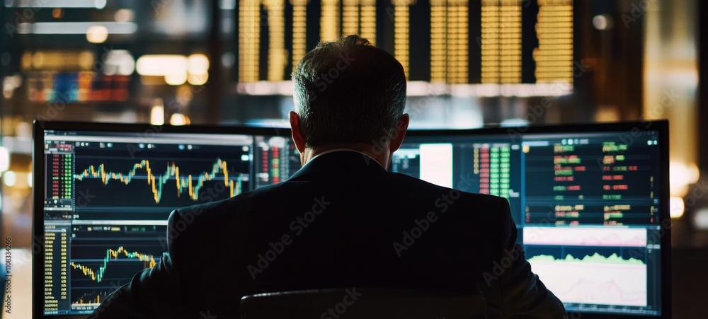 Poster broker analyzing stock market data on multiple monitors