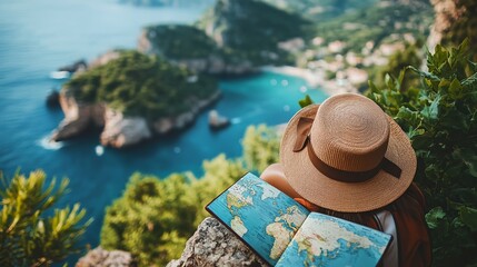 Straw hat and traveler's map on a cliff overlooking the sea