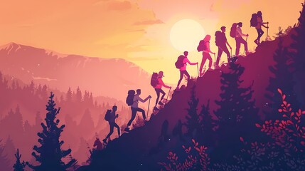 Fototapeta premium Group Hiking in the Mountains at Sunset