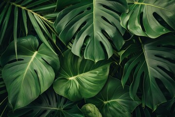 Fototapeta premium Lush green tropical foliage featuring a variety of large, vibrant leaves with intricate details. Perfect for nature and plant-themed designs.
