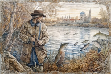 fisherman in a boat, stylized watercolor in retro style, ,  