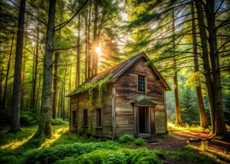 Abandoned Minimalist Cabin in Lush Forest - AI Photography