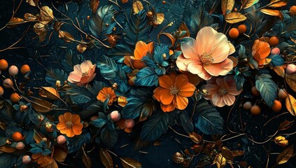Fototapeta premium Colorful floral arrangement with orange and peach flowers surrounded by lush green leaves and delicate buds. Vibrant botanical design concept on a dark background.