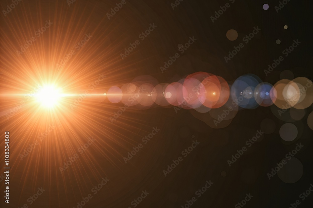 Poster lens flare effect with a bright light source and colorful bokeh.