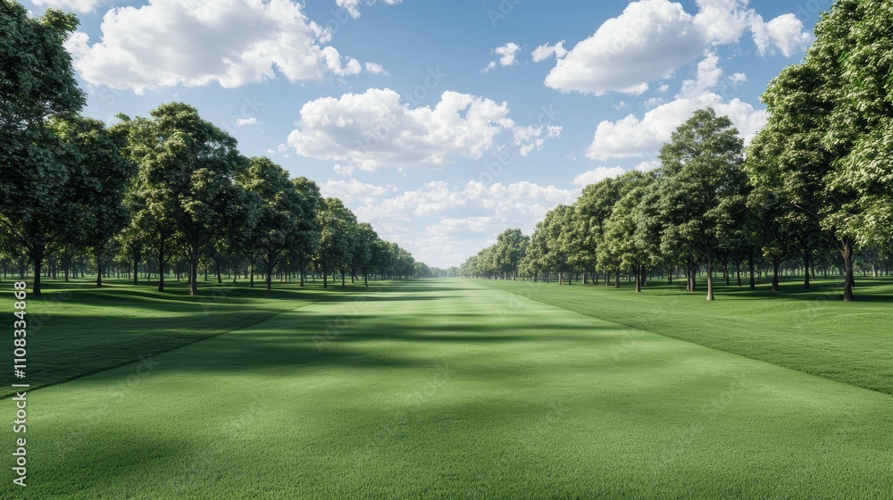 Poster a large green field with trees in the background