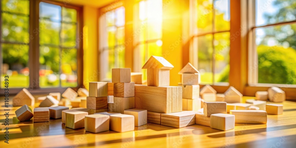 Aufkleber Wooden blocks arranged in a small town formation in front of a window with natural light streaming in.