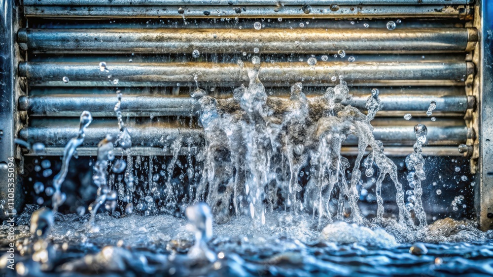 Poster water cascading through a metal grate, creating a dynamic display of droplets and spray