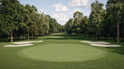 Fototapeta premium A golf course with a green grassy field and a hole