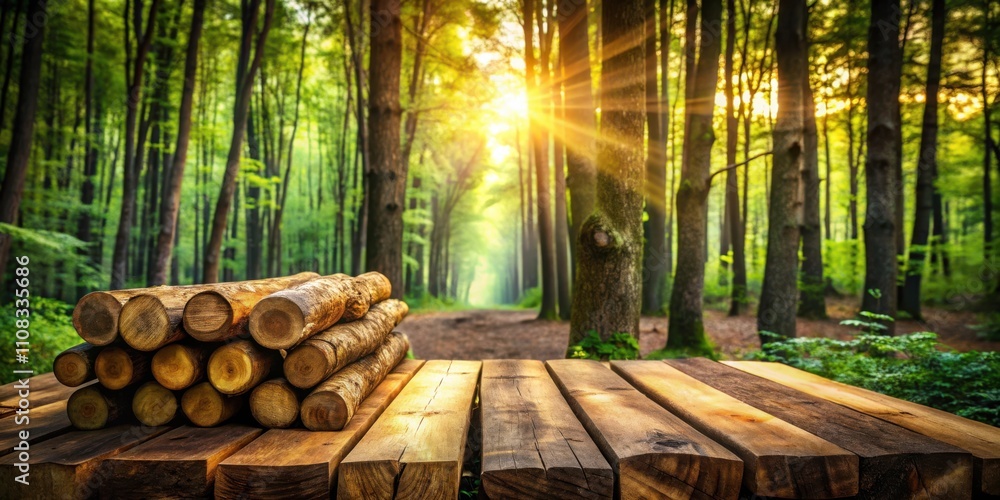 Poster a wooden tabletop with a pile of logs in a forest with a golden light shining through the trees
