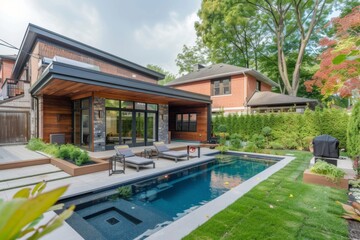Fototapeta premium Small modern design home with backyard pool