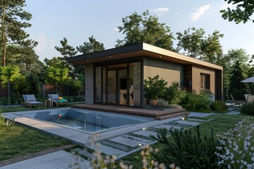 Fototapeta premium Small modern design home with backyard pool