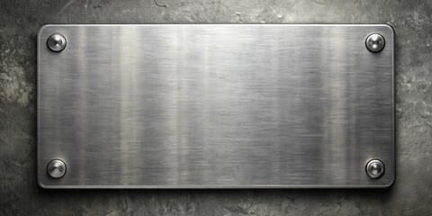 A Brushed Metal Plate with Rounded Corners and Four Silver Rivets Set Against a Rough Concrete Background