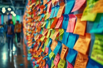 Fototapeta premium Post it notes on the wall with it team meeting in background