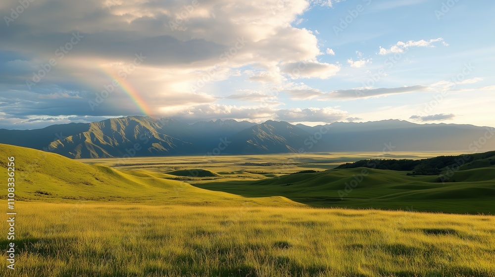Wall mural serene landscape with rolling hills and mountains under a colorful sky at sunset