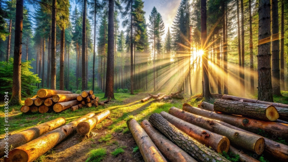 Poster Sunlight streams through the dense forest canopy, illuminating a clearing where logs lie stacked, a reminder of the forest's duality - both a source of life and a provider of resources.