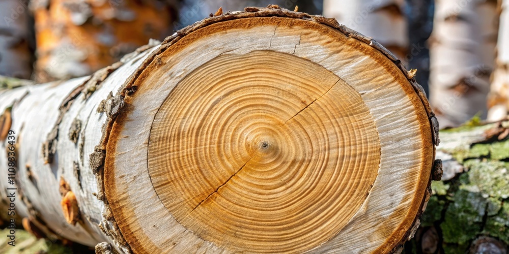 Poster a close-up of a birch tree log with a detailed cross-section revealing its intricate rings and patte