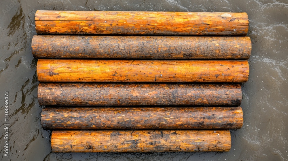 Poster a row of logs are floating in the water