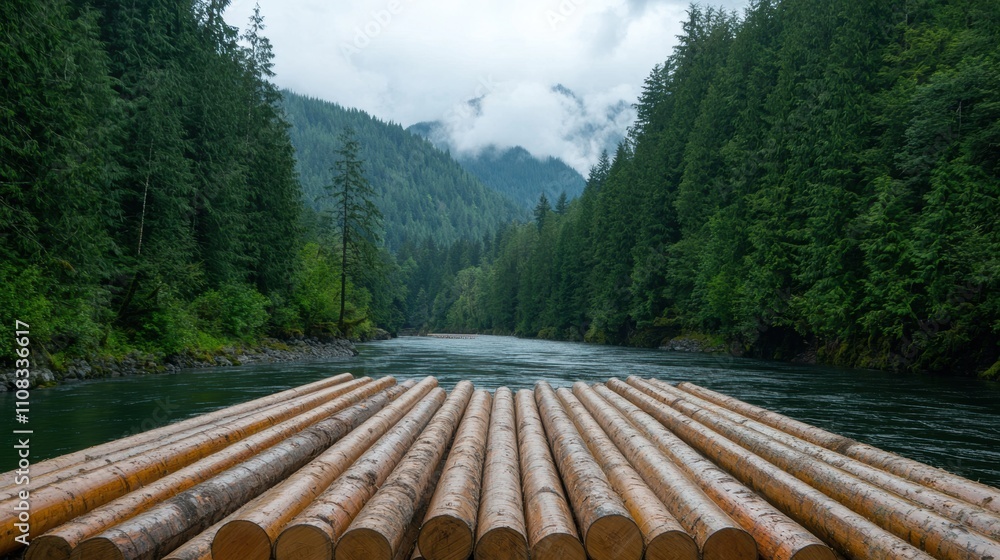 Poster a row of logs floating on a river