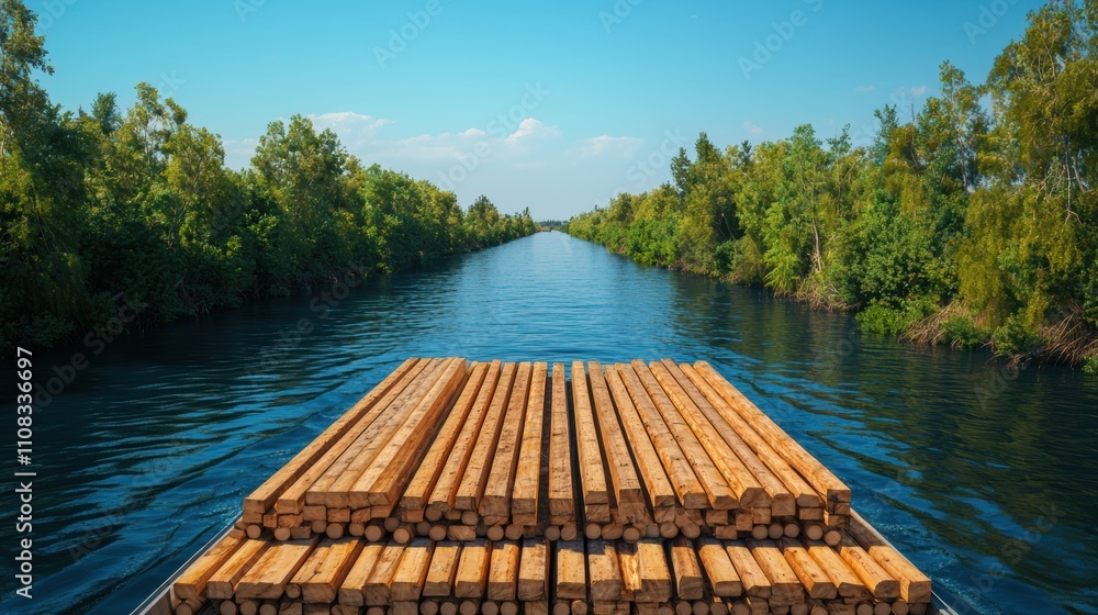 Poster a boat is floating on a river with a lot of trees in the background