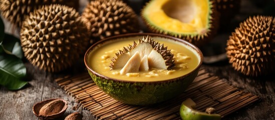 Traditional Asian durian soup served on a bamboo mat, surrounded by exotic fruits, warm tones, soft lighting, detailed texture