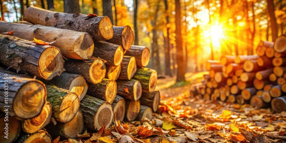 Poster a stack of logs bathed in golden autumn light, set against a backdrop of blurred trees and fallen le