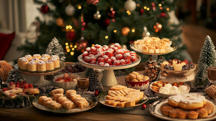 Fototapeta premium Delightful holiday dessert table filled with festive treats and decorations