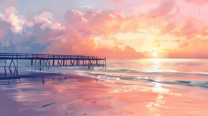 Fototapeta premium Sunrise Over the Ocean with a Wooden Pier