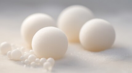 White spheres and small balls arranged on a surface