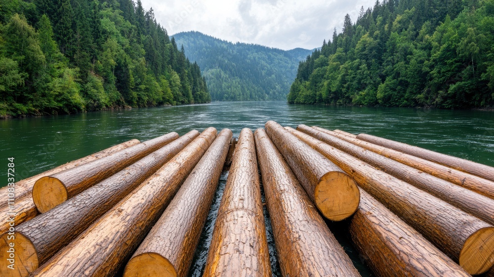 Poster a row of logs floating on a river