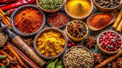 Fototapeta premium Colorful Spices, Aromatic Blend, Culinary Herbs, Gourmet Spices, Exotic Flavors, Spice Display, Spice Rack, Spice Jar, Spices Closeup, Spice Market, Spice Garden