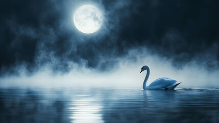 Graceful Swan Under the Full Moon with Mist on a Tranquil Lake
