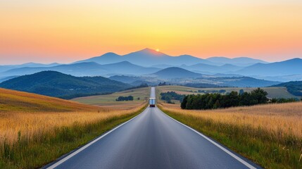 A long road with a truck driving down it