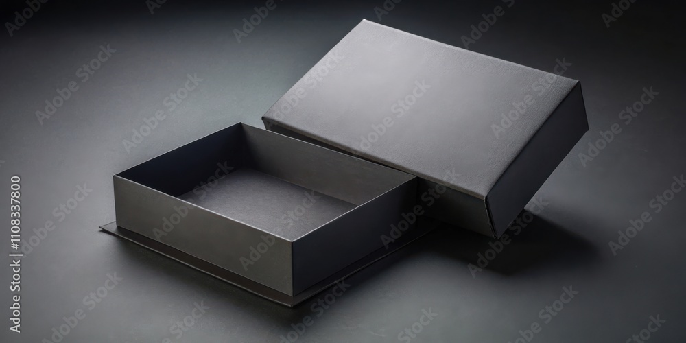 Poster an empty black box with a textured surface, open and slightly tilted, rests on a dark background, ca