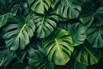 Fototapeta premium Lush green monstera leaves creating a tropical background with vibrant textures and patterns perfect for nature-themed design projects.