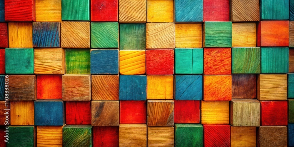 Aufkleber A colorful mosaic of wooden blocks arranged in a grid pattern, showcasing a vibrant interplay of texture and color.