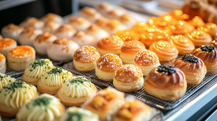 Display of assorted pastries in a bakery showcasing fresh, colorful treats