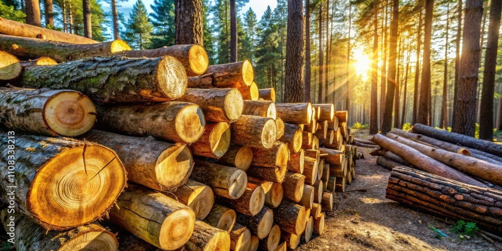 Aufkleber Sunbeams filtering through the trees illuminate a towering stack of freshly cut logs in a forest setting.
