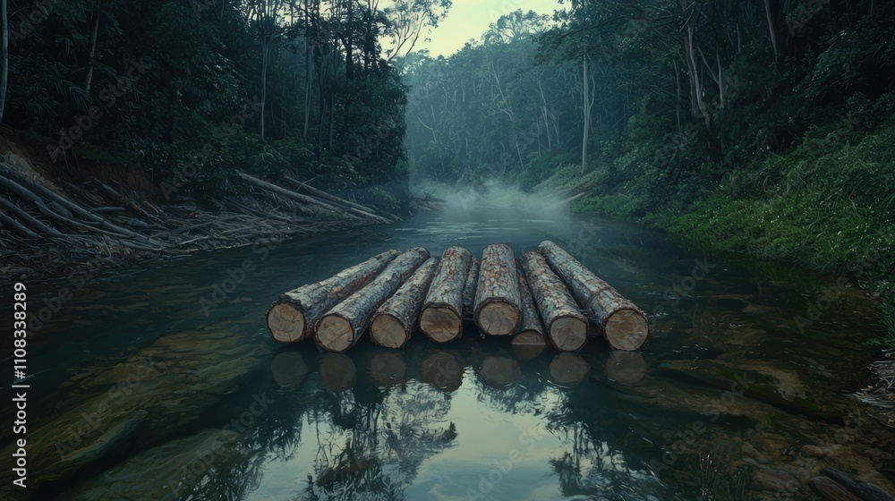 Poster a river with a log raft floating on it