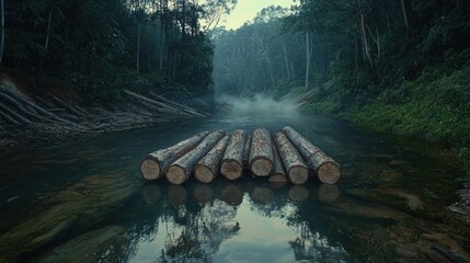 A river with a log raft floating on it